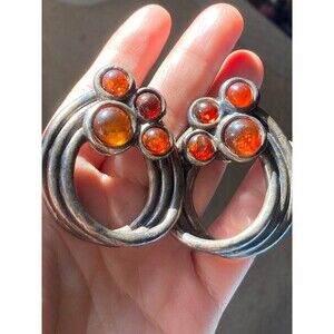 David Varsano Israel huge 925 sterling silver genuine amber clip on earrings